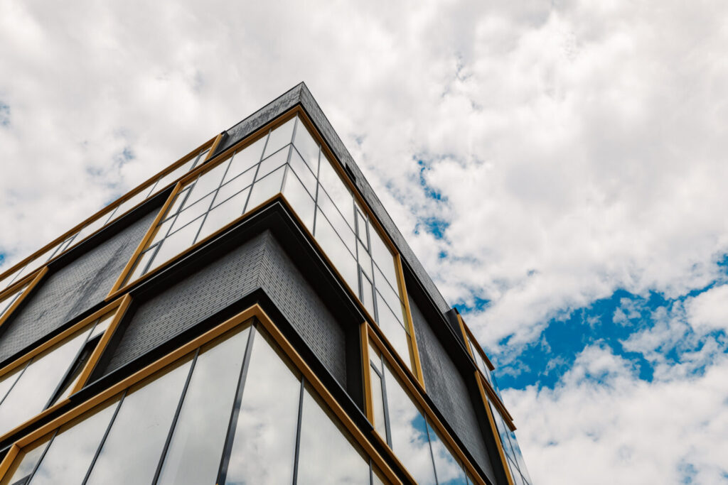 new construction office building with blue sky in the background